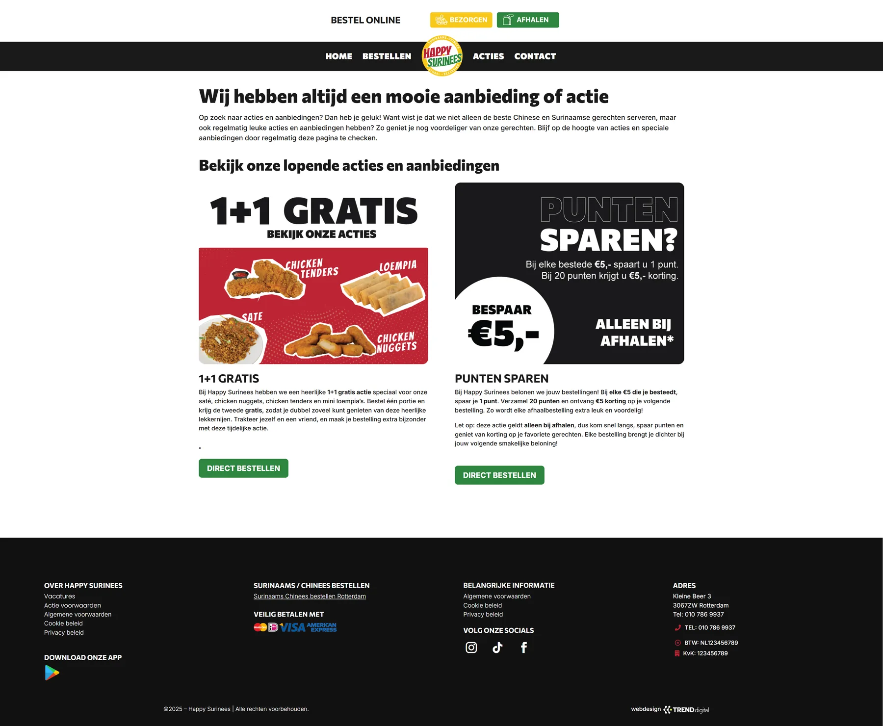 Actiepagina van Happy Surinees met aanbiedingen en spaarprogramma