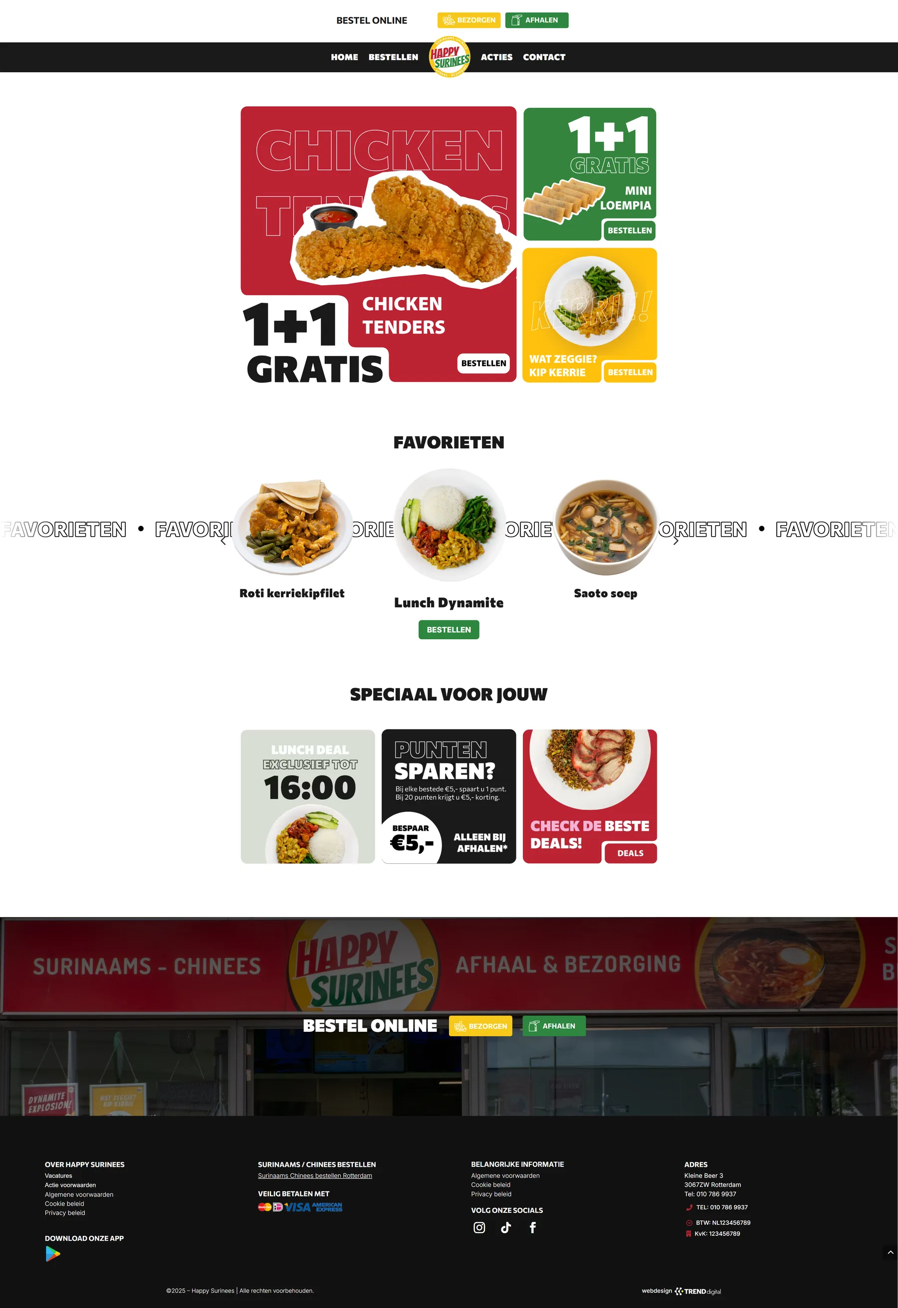 Homepage van Happy Surinees met aanbiedingen, favorieten en bestelknoppen