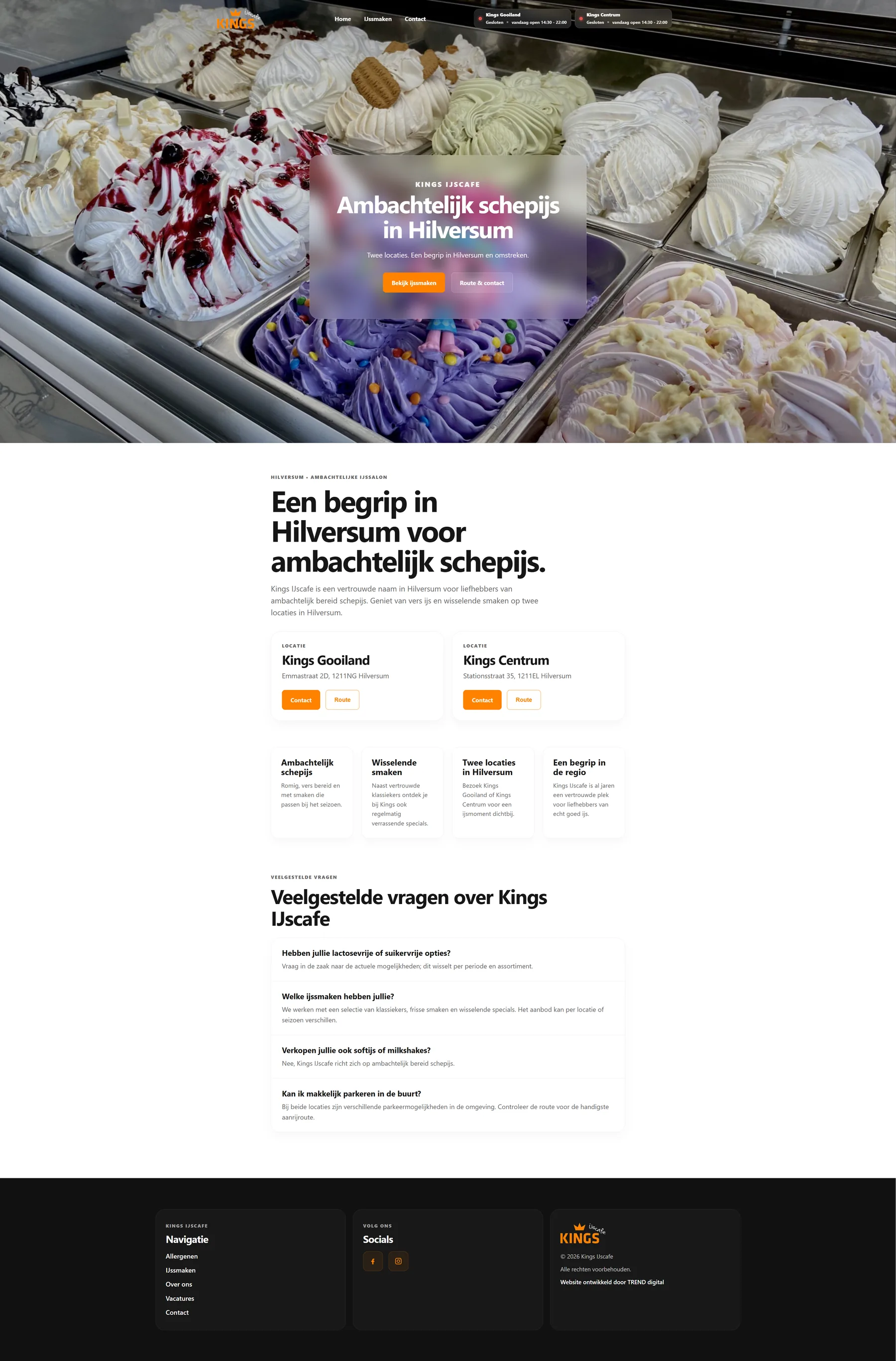 Homepage van Kings IJscafé met schepijs en twee locaties