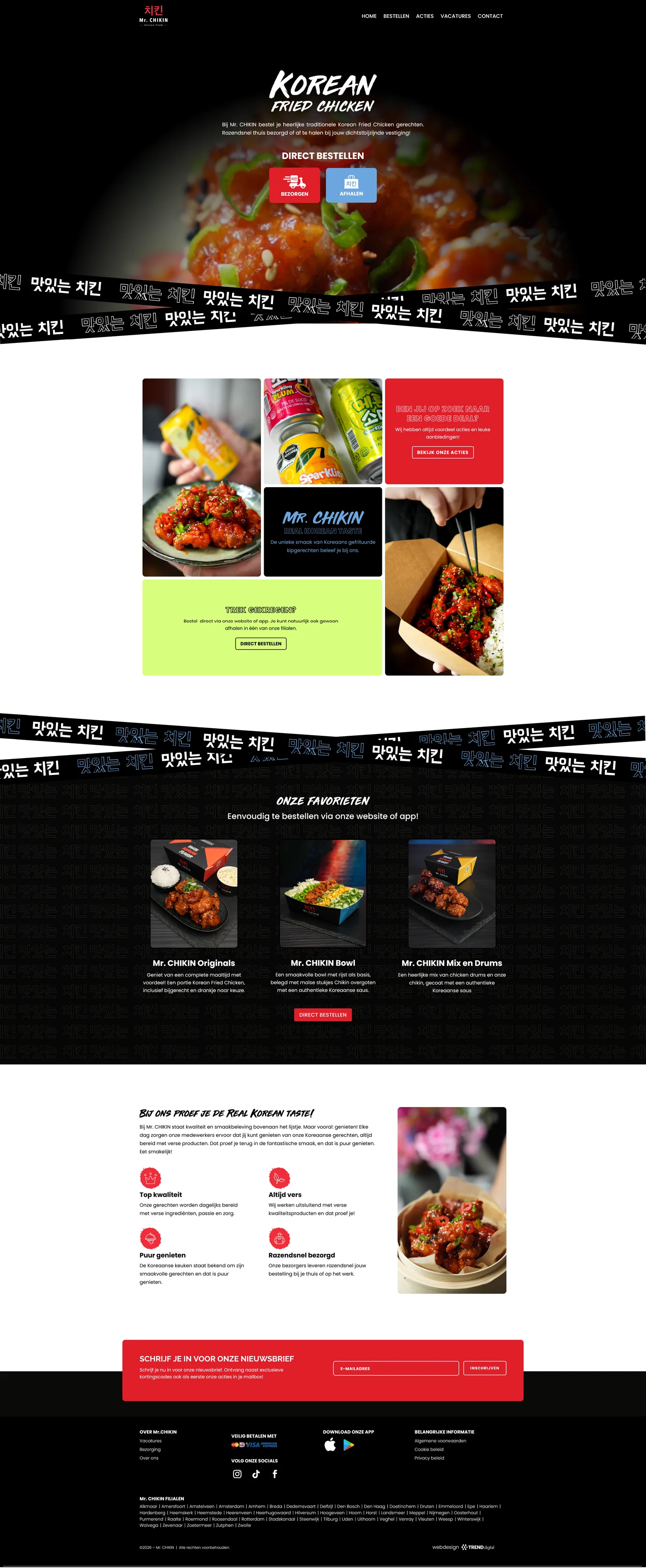 Landelijke homepage van Mr. Chikin met menu, merkverhaal en bestellen
